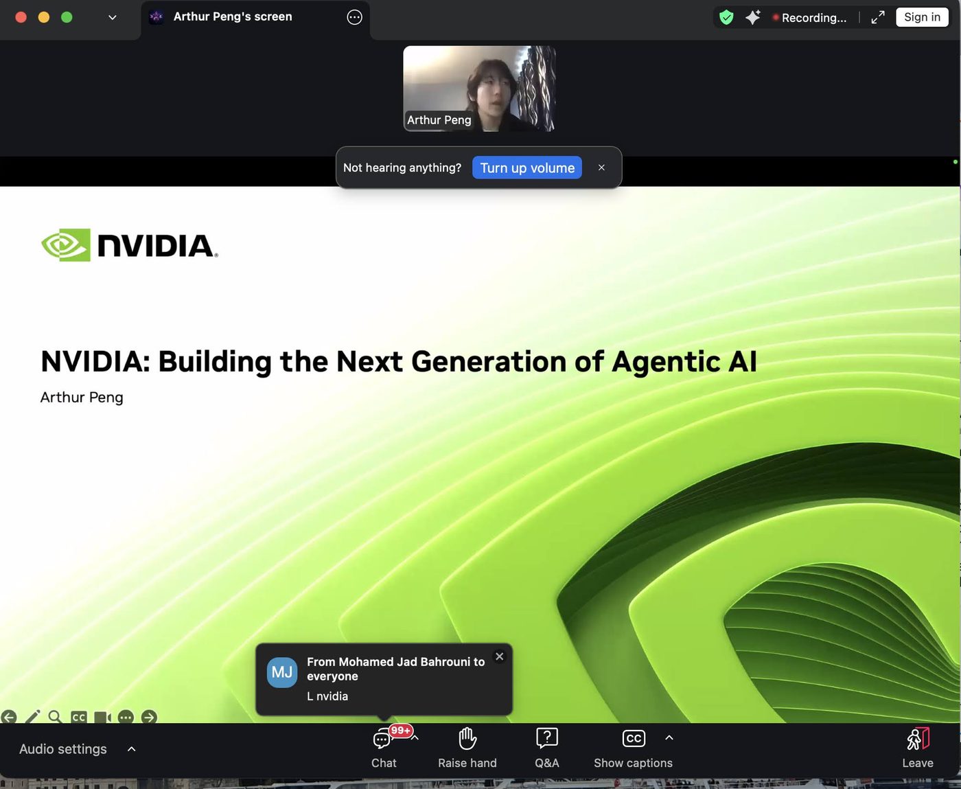 Title slide: NVIDIA: Building the Next Generation of Agentic AI, Arthur Peng