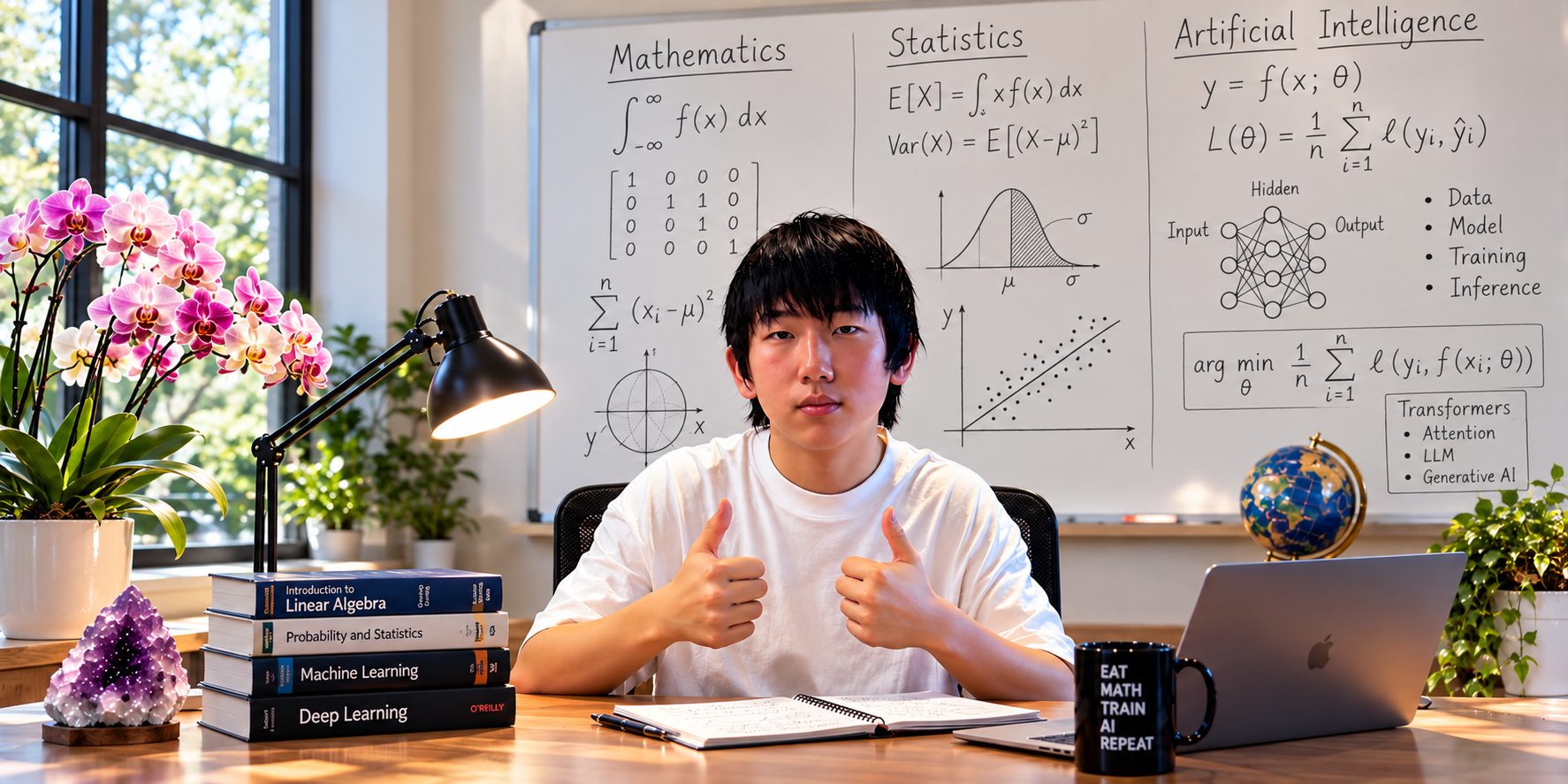 Arthur at a desk in front of a whiteboard of mathematics, statistics and AI formulas