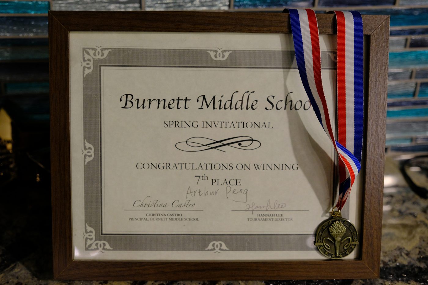 Burnett Middle School Spring Invitational certificate