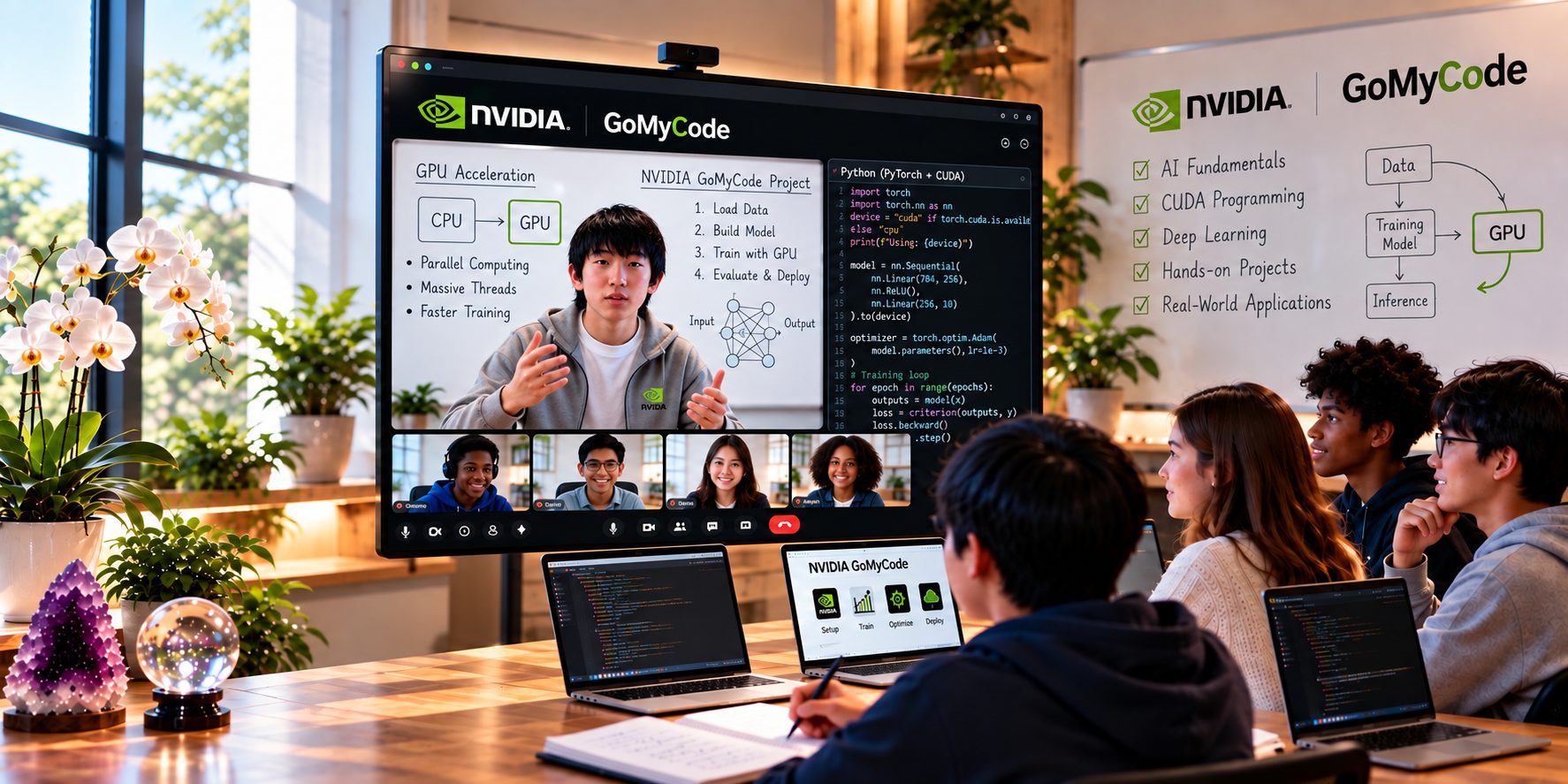 Arthur presenting an NVIDIA × GoMyCode class to online and in-room students