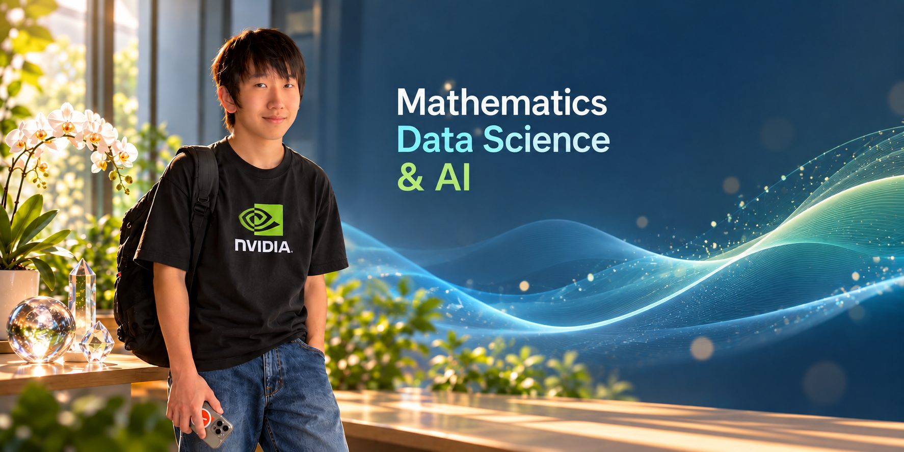 Arthur in an NVIDIA T-shirt beside the words Mathematics, Data Science and AI
